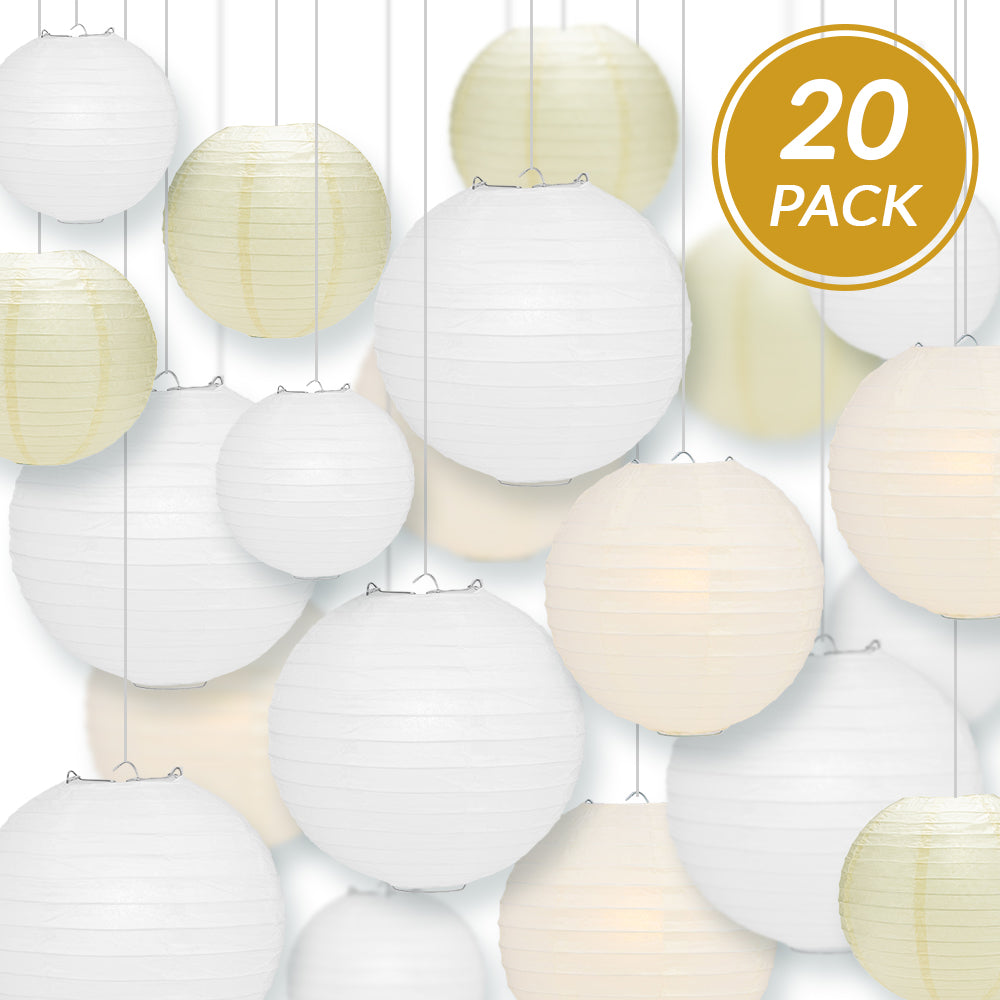 Ultimate 20-Piece White Variety Paper Lantern Party Pack - Assorted Sizes of 6", 8", 10", 12" (5 Round Lanterns Each) for Weddings, Events and Decor - PaperLanternStore.com - Paper Lanterns, Decor, Party Lights & More