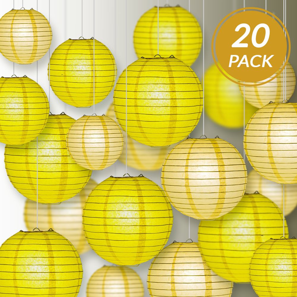 Ultimate 20-Piece Yellow Variety Paper Lantern Party Pack - Assorted Sizes of 6&quot;, 8&quot;, 10&quot;, 12&quot; (5 Round Lanterns Each) for Weddings, Events and Decor - PaperLanternStore.com - Paper Lanterns, Decor, Party Lights &amp; More