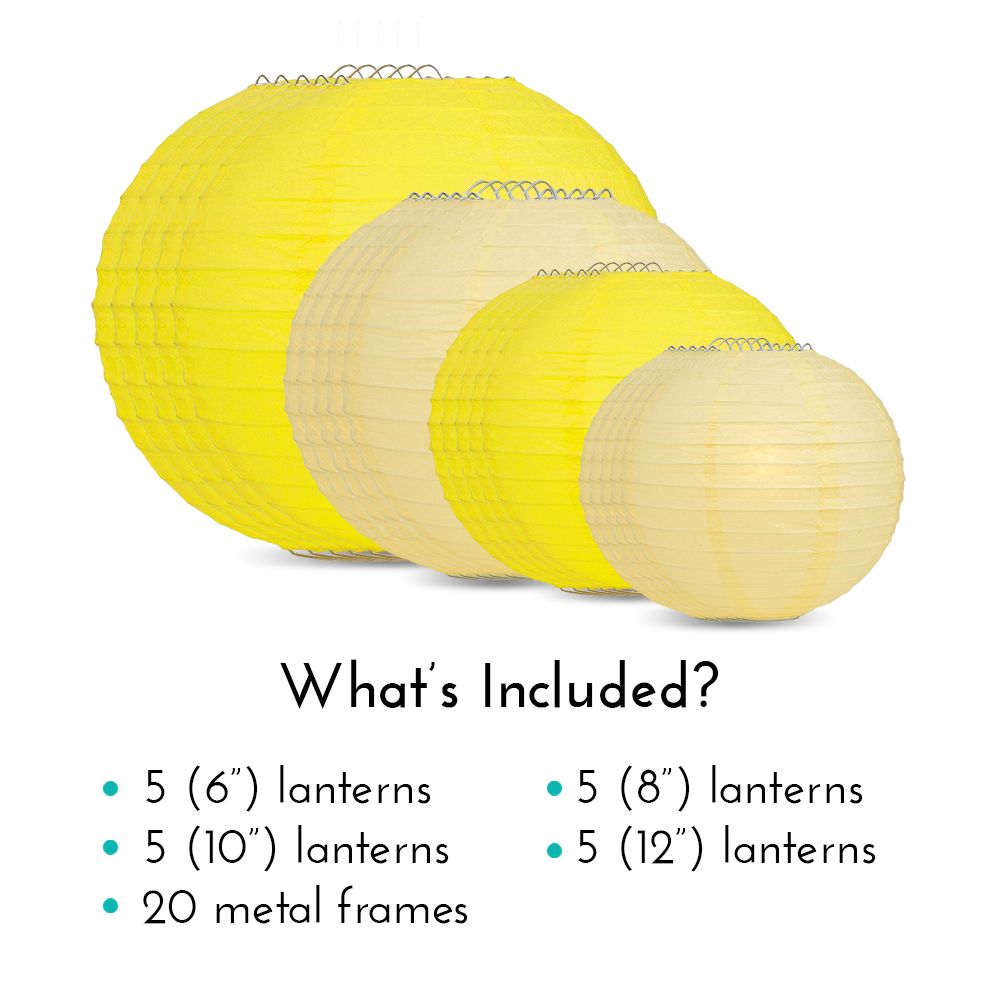 Ultimate 20-Piece Yellow Variety Paper Lantern Party Pack - Assorted Sizes of 6&quot;, 8&quot;, 10&quot;, 12&quot; (5 Round Lanterns Each) for Weddings, Events and Decor - PaperLanternStore.com - Paper Lanterns, Decor, Party Lights &amp; More