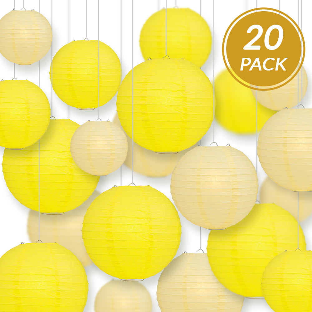 Ultimate 20-Piece Yellow Variety Paper Lantern Party Pack - Assorted Sizes of 6&quot;, 8&quot;, 10&quot;, 12&quot; (5 Round Lanterns Each) for Weddings, Events and Decor - PaperLanternStore.com - Paper Lanterns, Decor, Party Lights &amp; More