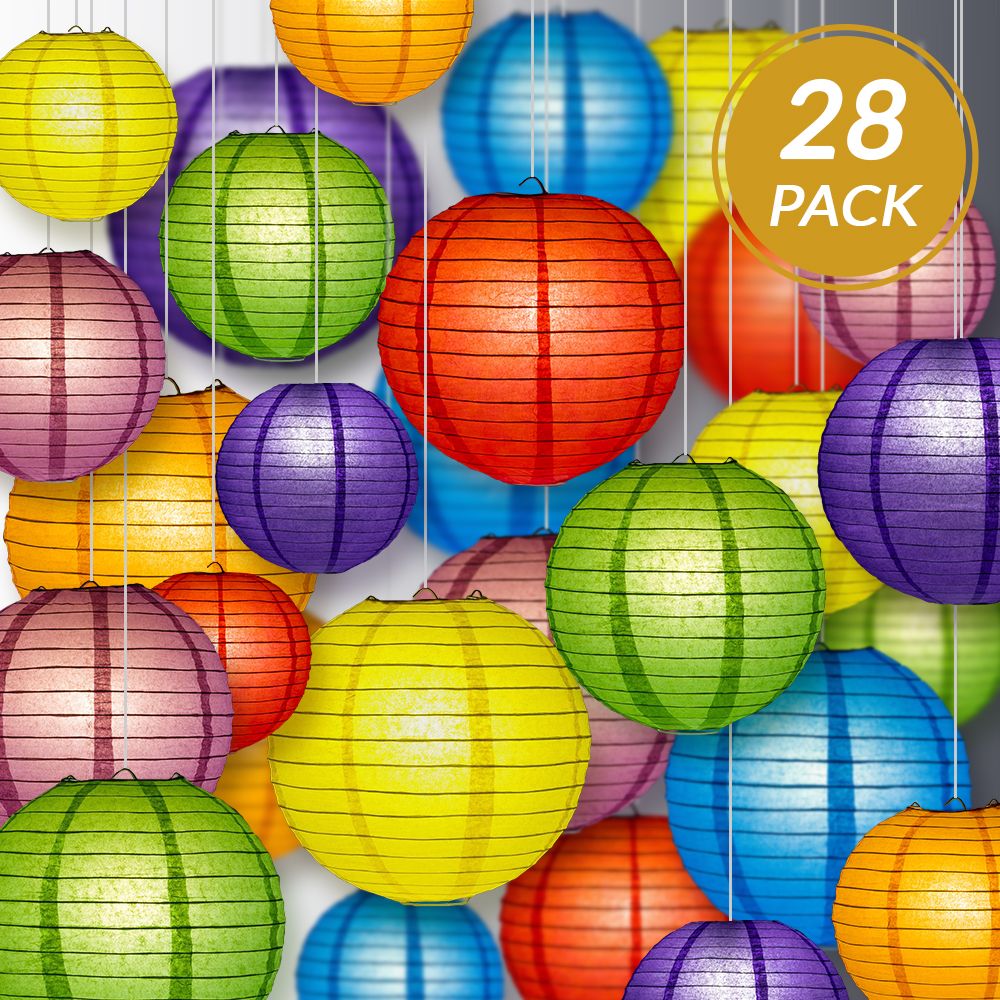 Ultimate 28-Piece Rainbow Variety Paper Lantern Party Pack - Assorted Sizes of 6", 8", 10", 12" (7 Round Lanterns Each) for Weddings, Events and Decor - PaperLanternStore.com - Paper Lanterns, Decor, Party Lights & More