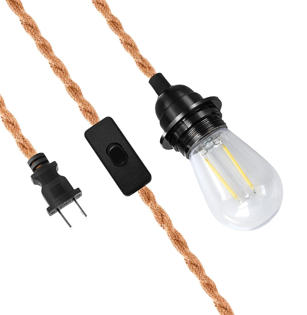 15FT Jute Rope Pendant Light Lamp, Switch, with LED Bulbs and Lamp Cord Light Included