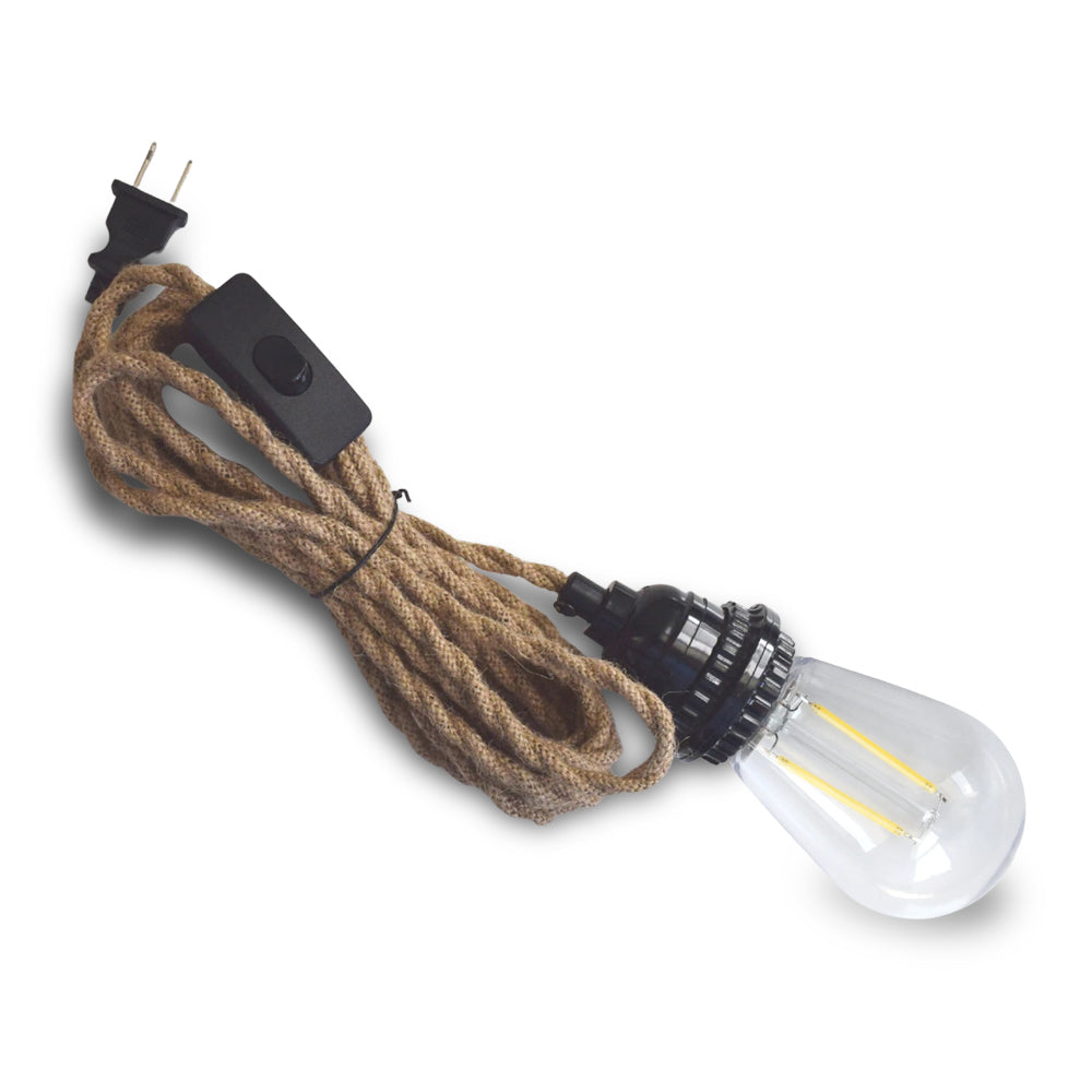 15FT Jute Rope Pendant Light Lamp, Switch, with LED Bulbs and Lamp Cord Light Included