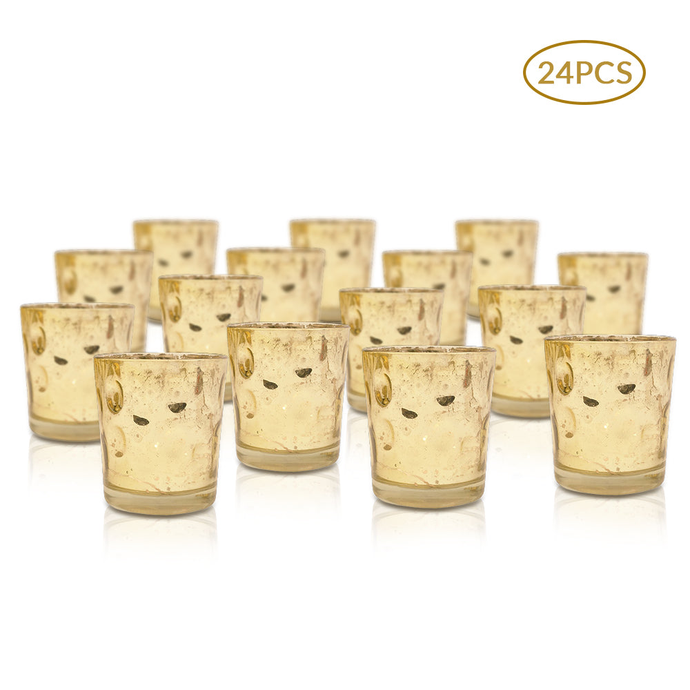 24 Pack | Vintage Mercury Glass Candle Holders (3-Inch, Tess Design, Gold) - for use with Tea Lights - for Home Décor, Parties and Wedding Decorations - PaperLanternStore.com - Paper Lanterns, Decor, Party Lights &amp; More