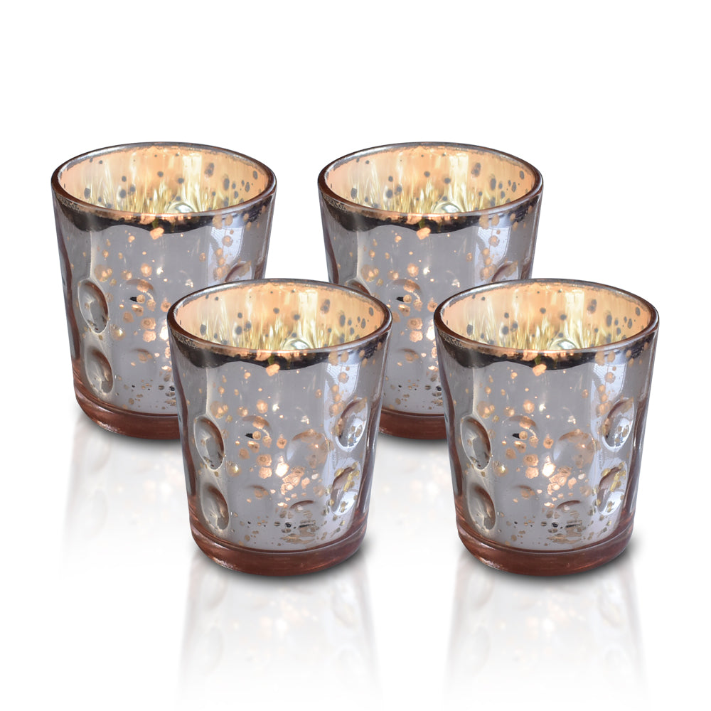 4 Pack | Vintage Mercury Glass Candle Holders (3-Inch, Tess Design, Rose Gold Pink) - for use with Tea Lights - for Home Décor, Parties and Wedding Decorations - PaperLanternStore.com - Paper Lanterns, Decor, Party Lights &amp; More