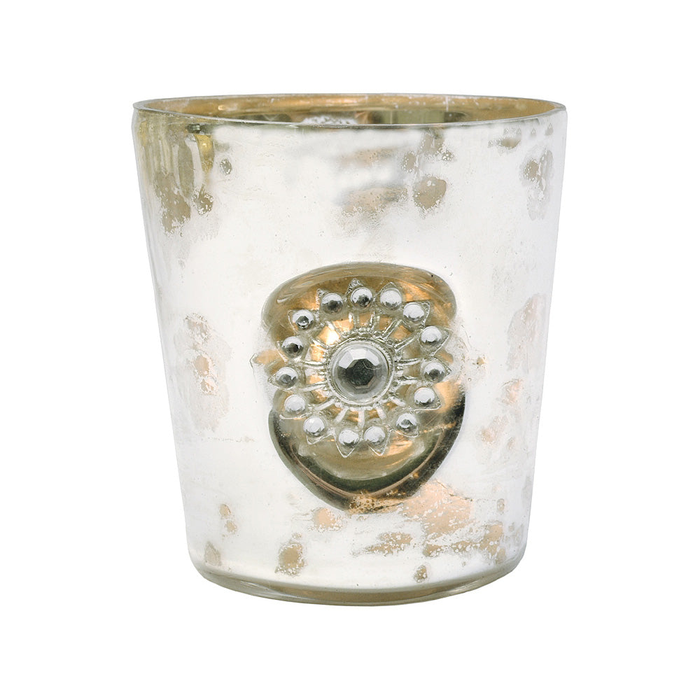 Vintage Bejewelled Mercury Glass Candle Holder (3-Inch, Mae Design, Sun Motif, Silver) - For Use with Tea Lights - For Home Decor, Parties and Wedding Decorations - PaperLanternStore.com - Paper Lanterns, Decor, Party Lights & More