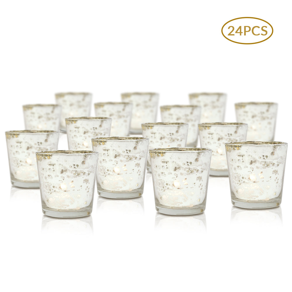 24 Pack | Vintage Mercury Glass Candle Holders (2.5-Inch, Lila Design, Liquid Motif, Silver) - For Use with Tea Lights - For Parties, Weddings and Homes - PaperLanternStore.com - Paper Lanterns, Decor, Party Lights &amp; More