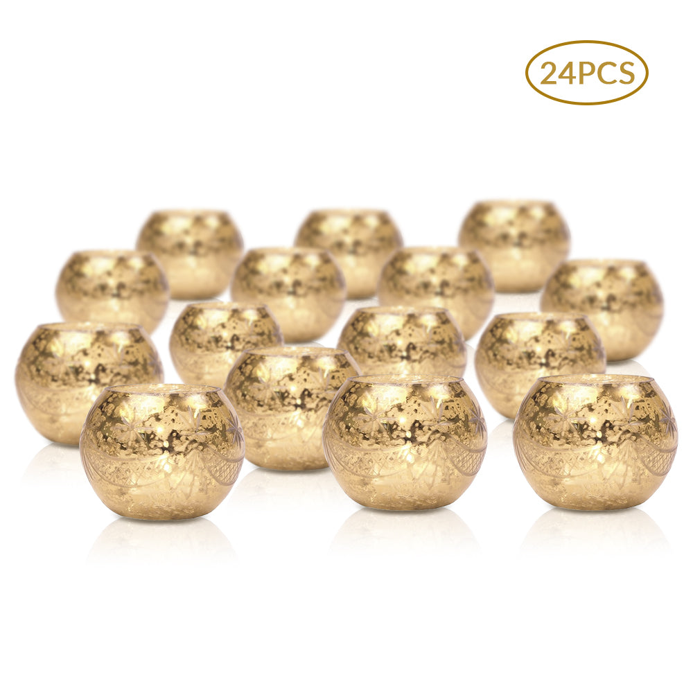 24 Pack | Vintage Mercury Glass Globe Candle Holders (3-Inch, Mary Design, Gold) - For use with Tea Lights - Home Decor, Parties and Wedding Decorations - PaperLanternStore.com - Paper Lanterns, Decor, Party Lights &amp; More
