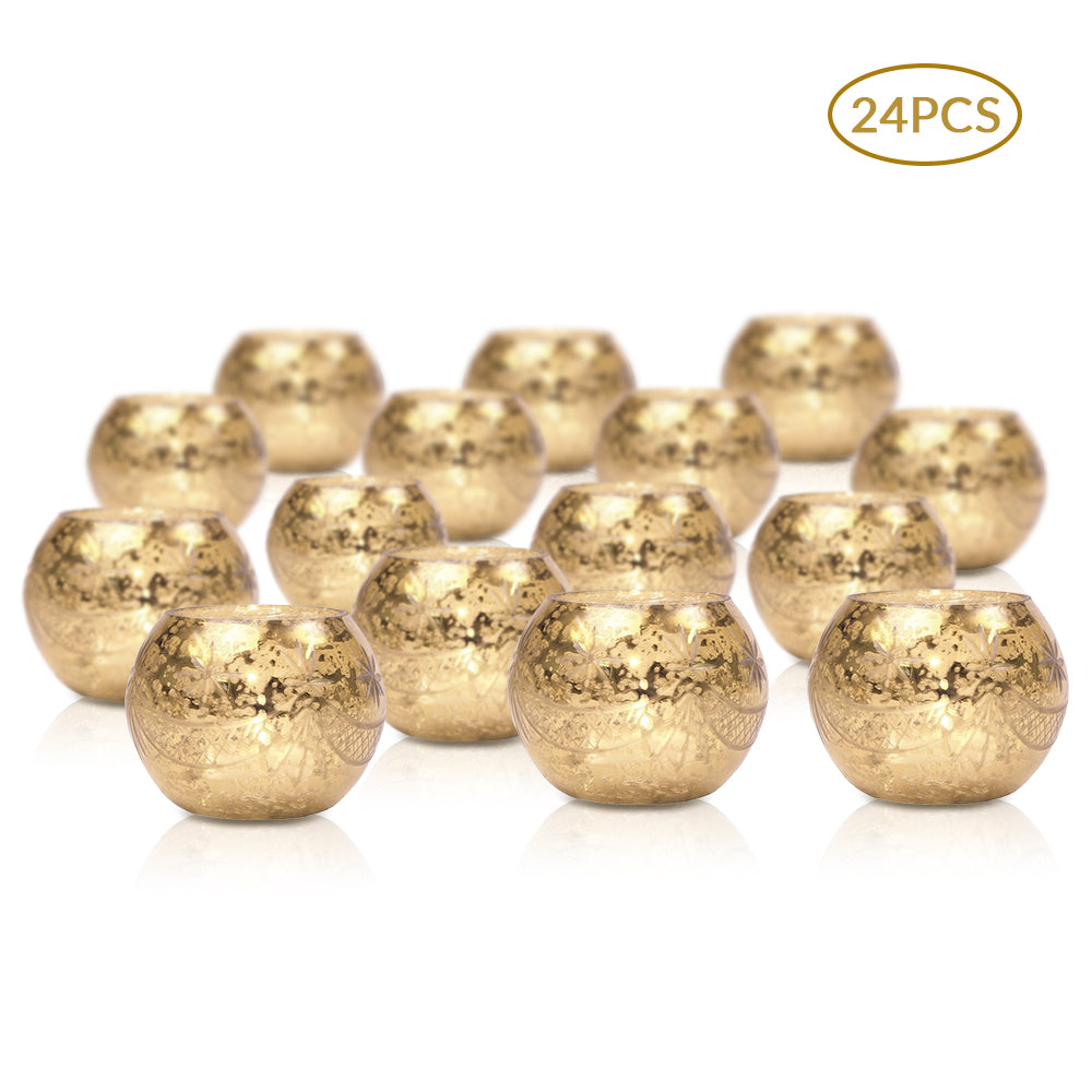 24 Pack | Vintage Mercury Glass Globe Candle Holders (3-Inch, Mary Design, Gold) - For use with Tea Lights - Home Decor, Parties and Wedding Decorations - PaperLanternStore.com - Paper Lanterns, Decor, Party Lights & More
