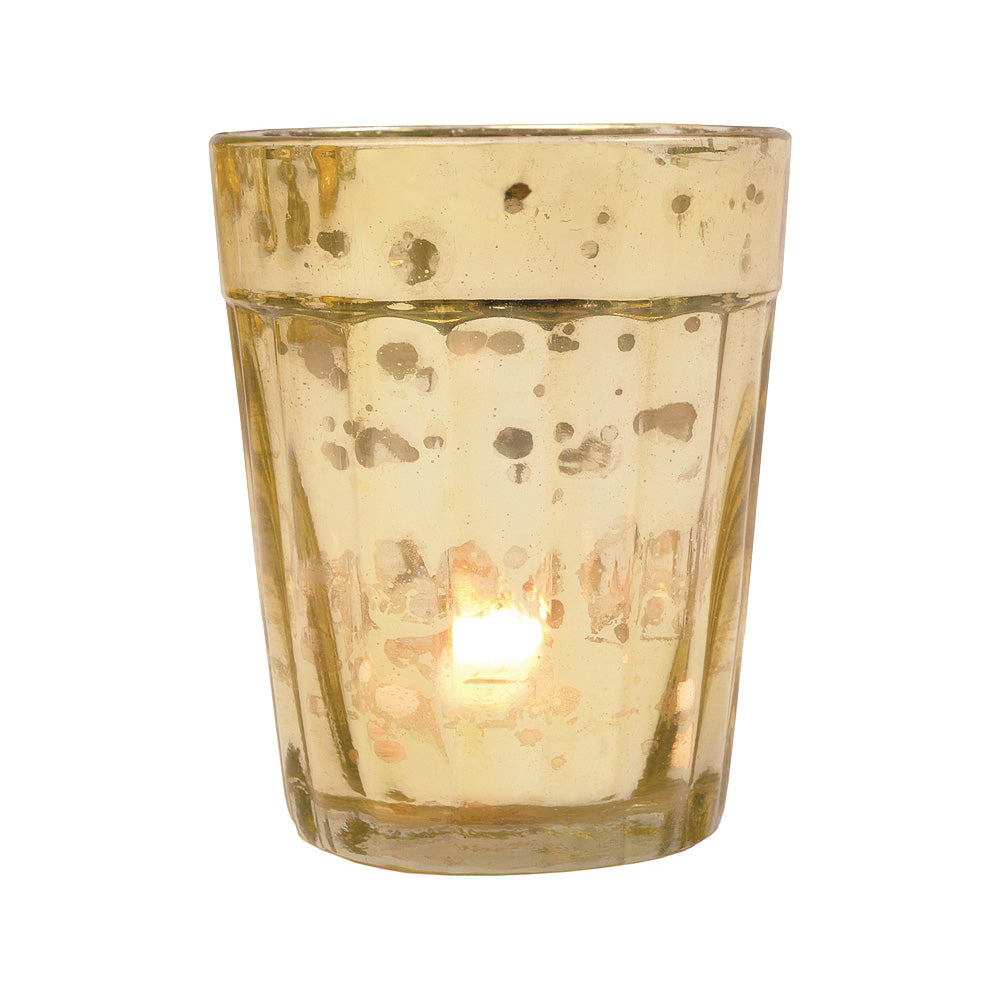 4 Pack | Vintage Mercury Glass Candle Holder (3.25-Inch, Katelyn Design, Column Motif, Gold) - For Use with Tea Lights - PaperLanternStore.com - Paper Lanterns, Decor, Party Lights &amp; More