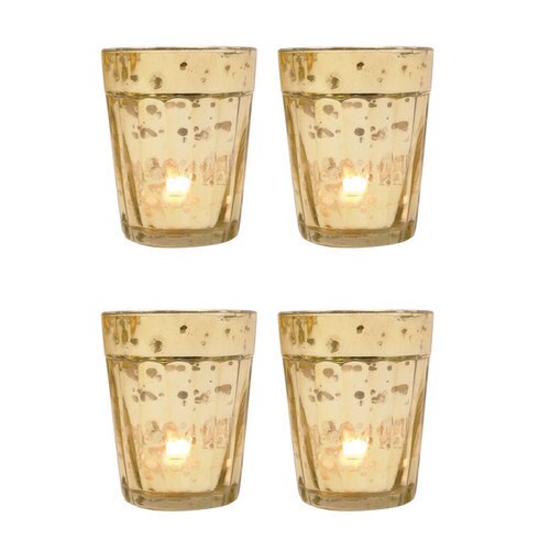 4 Pack | Vintage Mercury Glass Candle Holder (3.25-Inch, Katelyn Design, Column Motif, Gold) - For Use with Tea Lights - PaperLanternStore.com - Paper Lanterns, Decor, Party Lights &amp; More