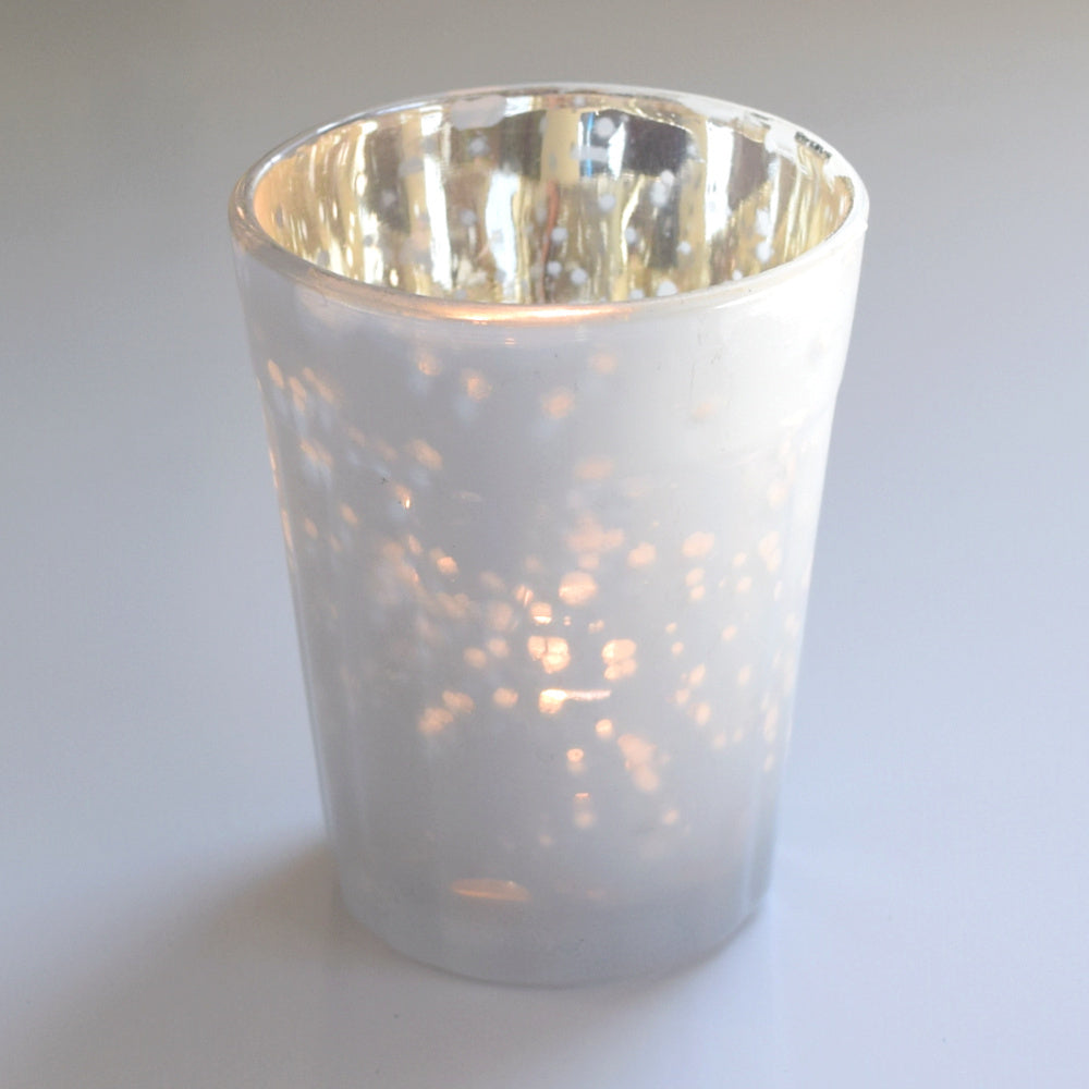 Vintage Mercury Glass Candle Holder (3.25-Inch, Katelyn Design, Column Motif, Pearl White) - For Use with Tea Lights - For Home Decor, Parties and Wedding Decorations