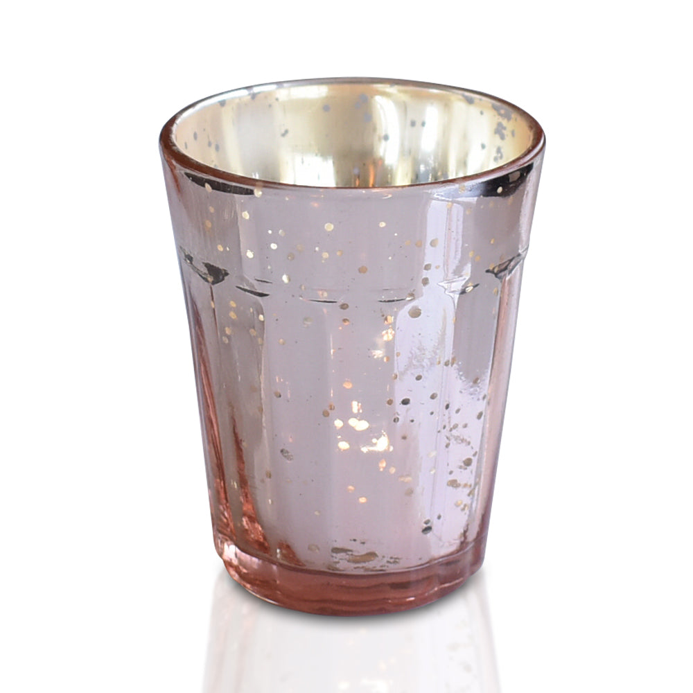 4 Pack | Vintage Mercury Glass Candle Holder (3.25-Inch, Katelyn Design, Column Motif, Rose Gold Pink) - For Use with Tea Lights - PaperLanternStore.com - Paper Lanterns, Decor, Party Lights & More