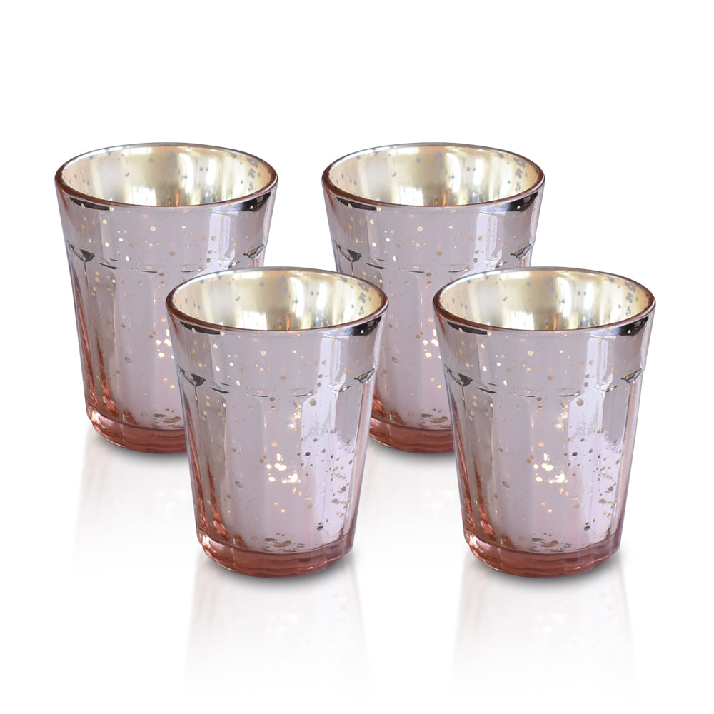 4 Pack | Vintage Mercury Glass Candle Holder (3.25-Inch, Katelyn Design, Column Motif, Rose Gold Pink) - For Use with Tea Lights - PaperLanternStore.com - Paper Lanterns, Decor, Party Lights & More