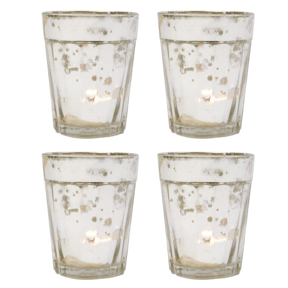 4 Pack | Vintage Mercury Glass Candle Holder (3.25-Inch, Katelyn Design, Column Motif, Silver) - For Use with Tea Lights - For Home Decor, Parties, and Wedding Decorations - PaperLanternStore.com - Paper Lanterns, Decor, Party Lights &amp; More