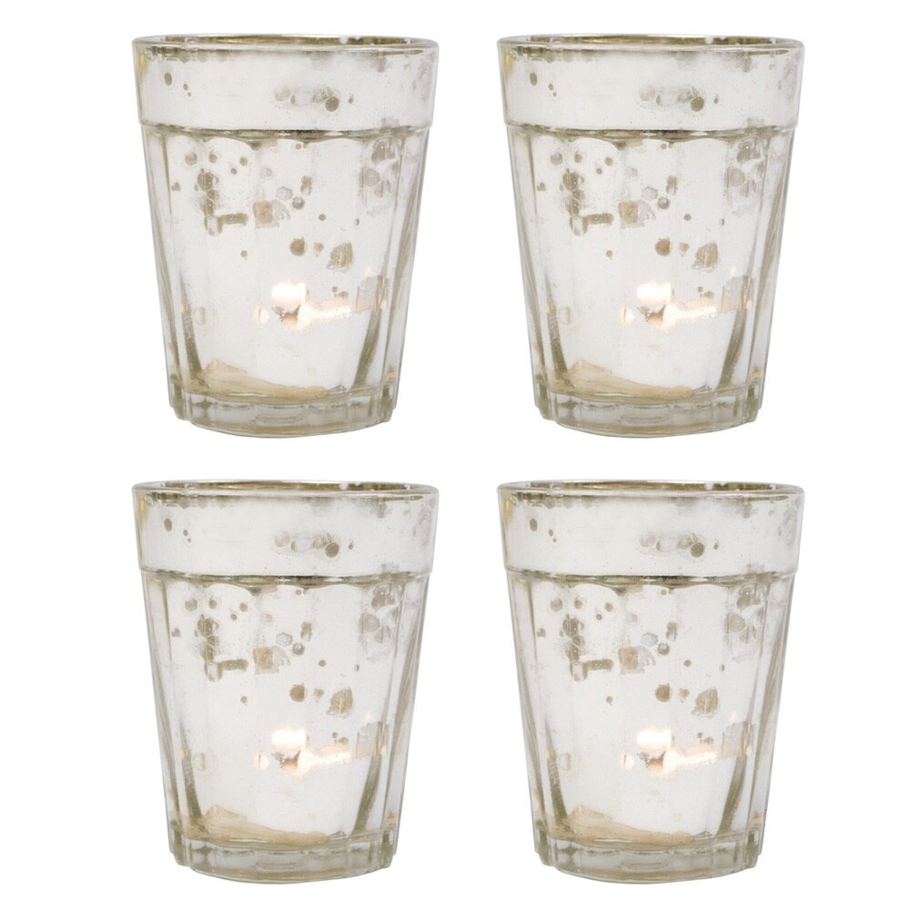 4 Pack | Vintage Mercury Glass Candle Holder (3.25-Inch, Katelyn Design, Column Motif, Silver) - For Use with Tea Lights - For Home Decor, Parties, and Wedding Decorations - PaperLanternStore.com - Paper Lanterns, Decor, Party Lights & More