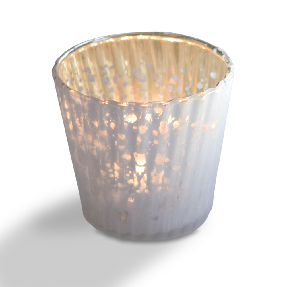 4 Pack | Vintage Mercury Glass Candle Holders (3-Inch, Caroline Design, Vertical Motif, Pearl White) - For use with Tea Lights - Home Decor, Parties and Wedding Decorations - PaperLanternStore.com - Paper Lanterns, Decor, Party Lights & More