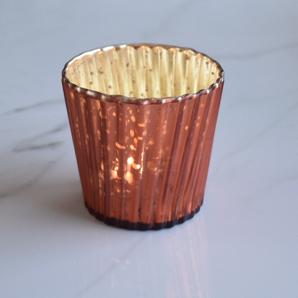 4 Pack | Vintage Mercury Glass Candle Holders (3-Inch, Caroline Design, Vertical Motif, Rustic Red Copper) - For use with Tea Lights - Home Decor, Parties and Wedding Decorations - PaperLanternStore.com - Paper Lanterns, Decor, Party Lights &amp; More