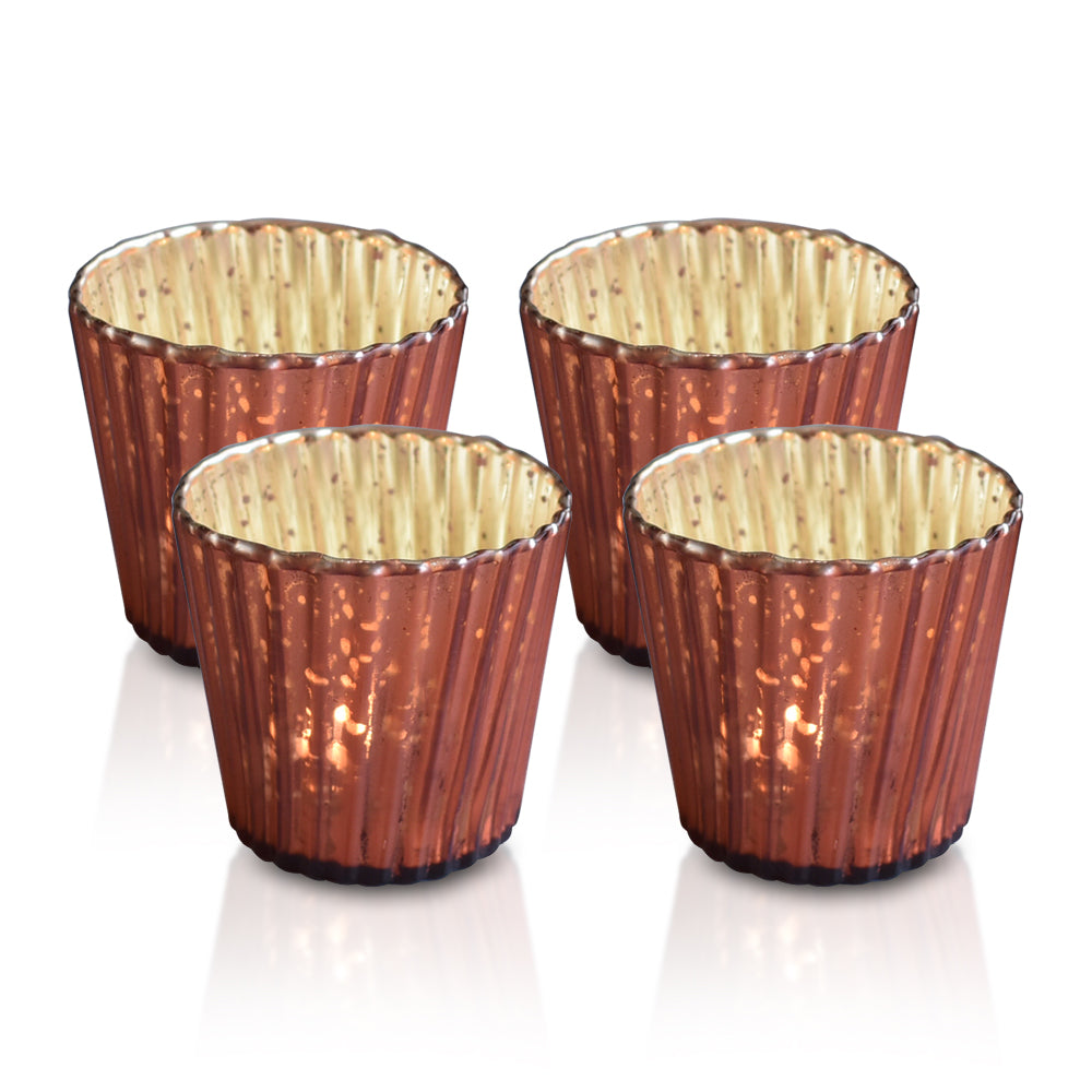 4 Pack | Vintage Mercury Glass Candle Holders (3-Inch, Caroline Design, Vertical Motif, Rustic Red Copper) - For use with Tea Lights - Home Decor, Parties and Wedding Decorations - PaperLanternStore.com - Paper Lanterns, Decor, Party Lights &amp; More