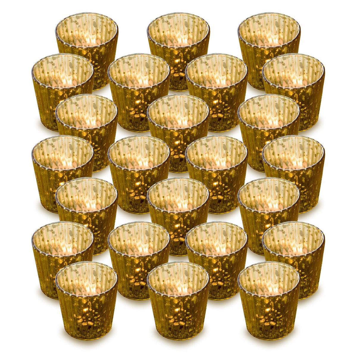 24 Pack | Vintage Mercury Glass Candle Holders (3-Inch, Caroline Design, Vertical Motif, Gold) - For use with Tea Lights - Home Decor, Parties and Wedding Decorations - PaperLanternStore.com - Paper Lanterns, Decor, Party Lights &amp; More