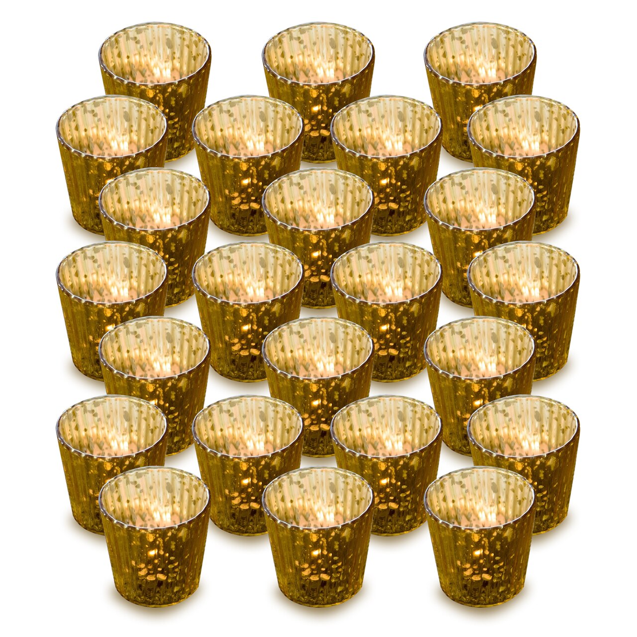 24 Pack | Vintage Mercury Glass Candle Holders (3-Inch, Caroline Design, Vertical Motif, Gold) - For use with Tea Lights - Home Decor, Parties and Wedding Decorations - PaperLanternStore.com - Paper Lanterns, Decor, Party Lights & More