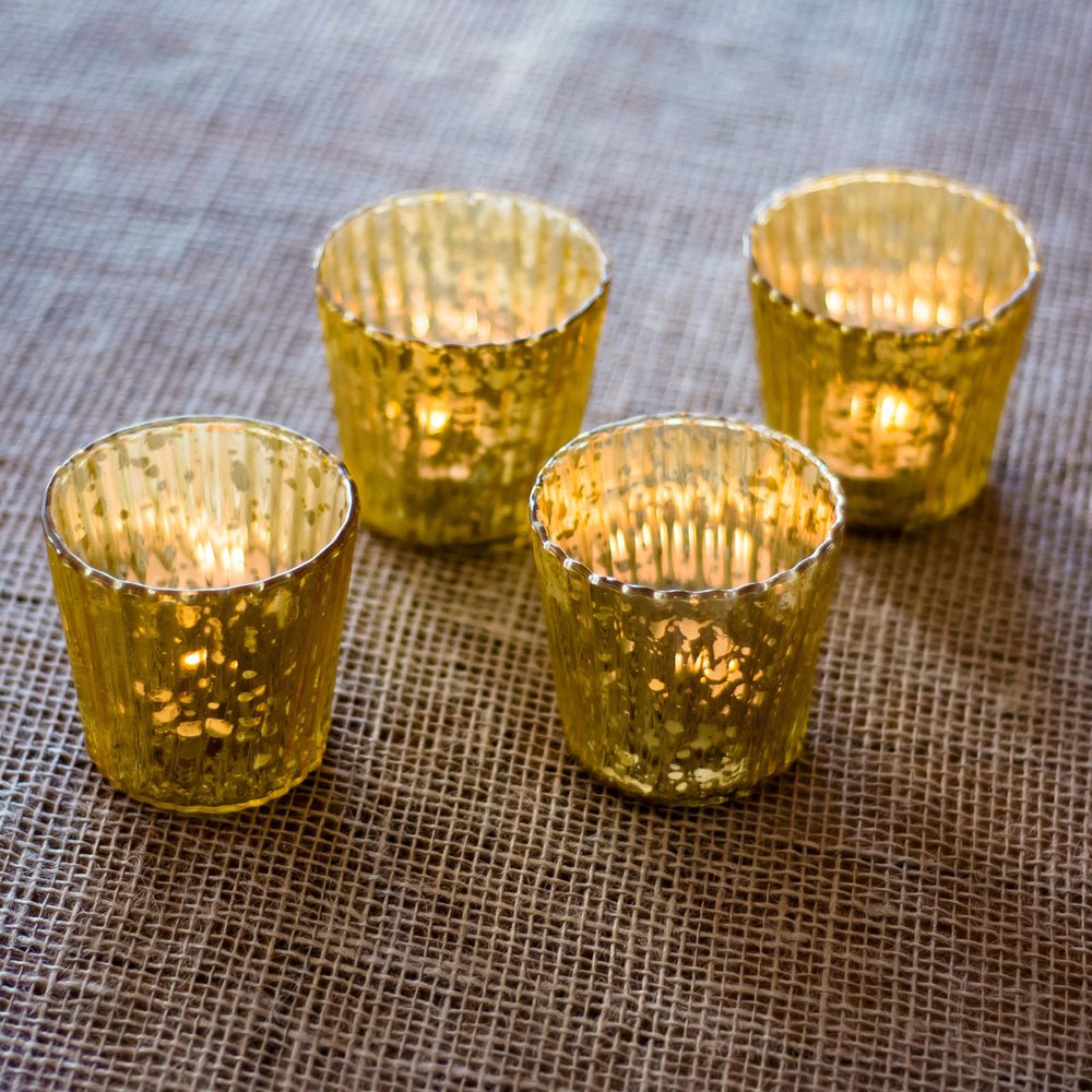 4 Pack | Vintage Mercury Glass Candle Holders (3-Inch, Caroline Design, Vertical Motif, Gold) - For use with Tea Lights - Home Decor, Parties and Wedding Decorations - PaperLanternStore.com - Paper Lanterns, Decor, Party Lights &amp; More