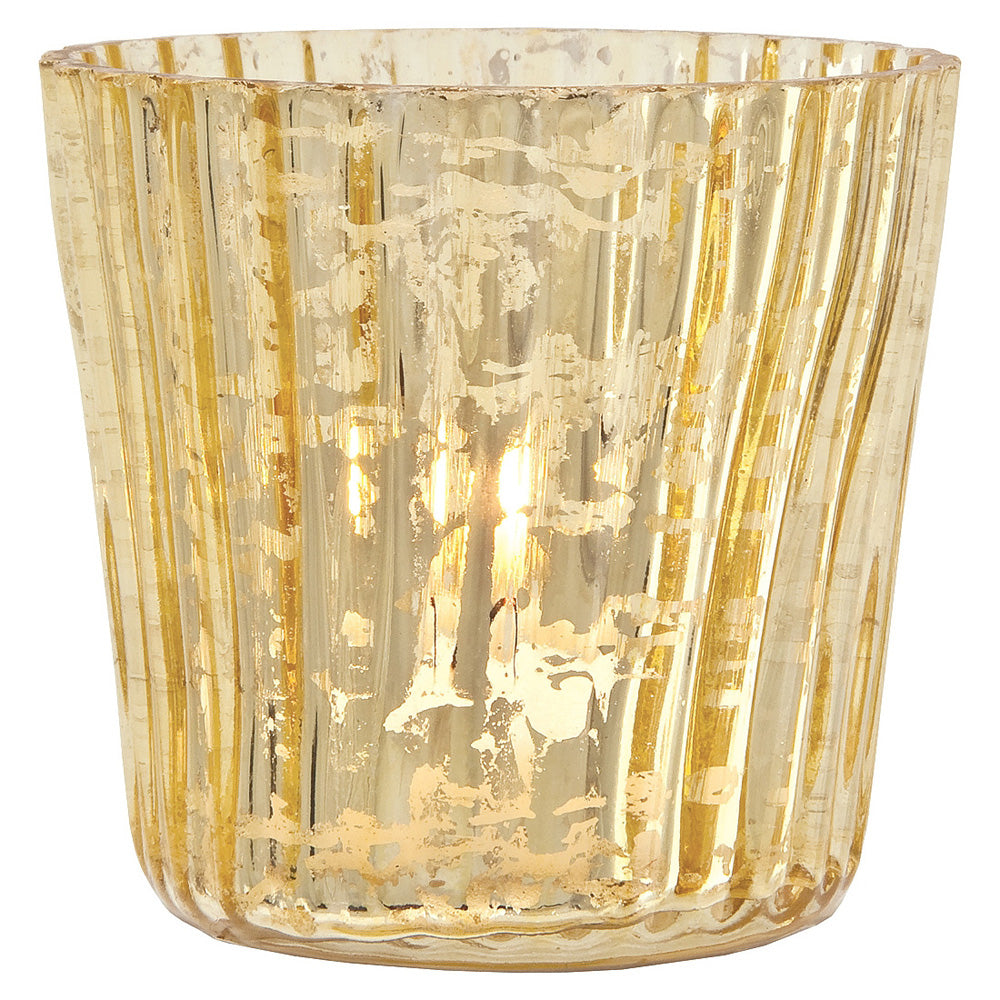4 Pack | Vintage Mercury Glass Candle Holders (3-Inch, Caroline Design, Vertical Motif, Gold) - For use with Tea Lights - Home Decor, Parties and Wedding Decorations - PaperLanternStore.com - Paper Lanterns, Decor, Party Lights &amp; More