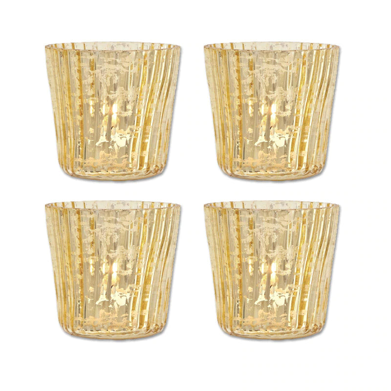 4 Pack | Vintage Mercury Glass Candle Holders (3-Inch, Caroline Design, Vertical Motif, Gold) - For use with Tea Lights - Home Decor, Parties and Wedding Decorations - PaperLanternStore.com - Paper Lanterns, Decor, Party Lights &amp; More