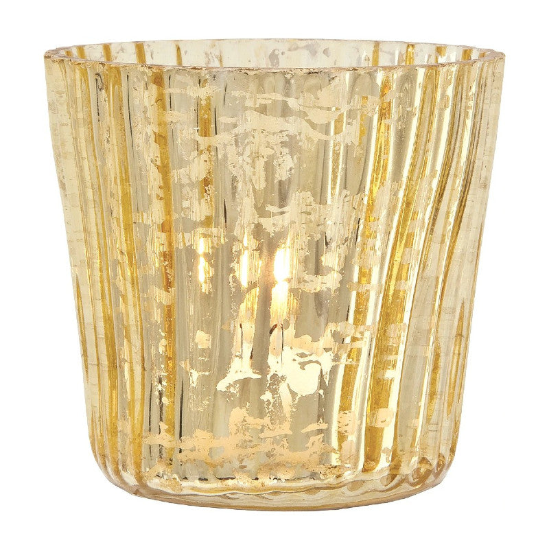 Vintage Mercury Glass Candle Holder (3-Inch, Caroline Design, Vertical Motif, Gold) - For use with Tea Lights - Home Decor, Parties and Wedding Decorations - PaperLanternStore.com - Paper Lanterns, Decor, Party Lights & More