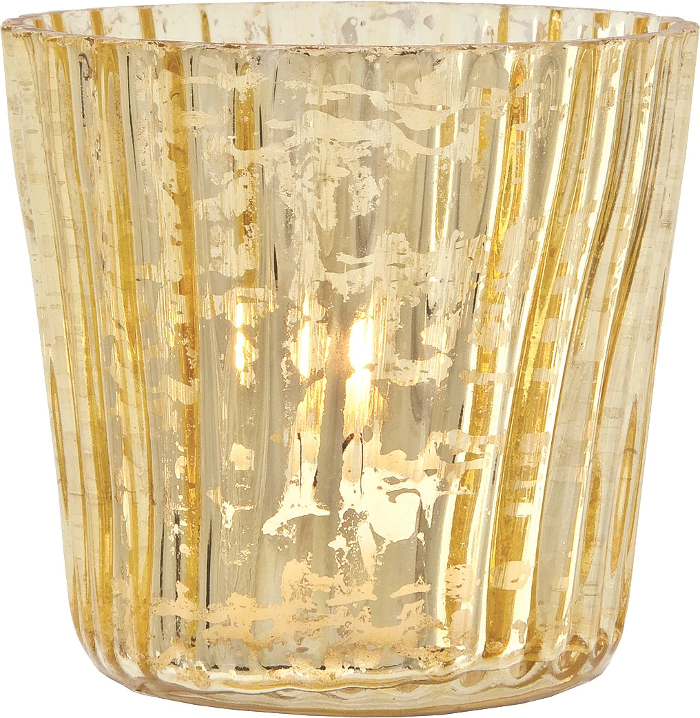 Vintage Mercury Glass Candle Holder (3-Inch, Caroline Design, Vertical Motif, Gold) - For use with Tea Lights - Home Decor, Parties and Wedding Decorations - PaperLanternStore.com - Paper Lanterns, Decor, Party Lights &amp; More