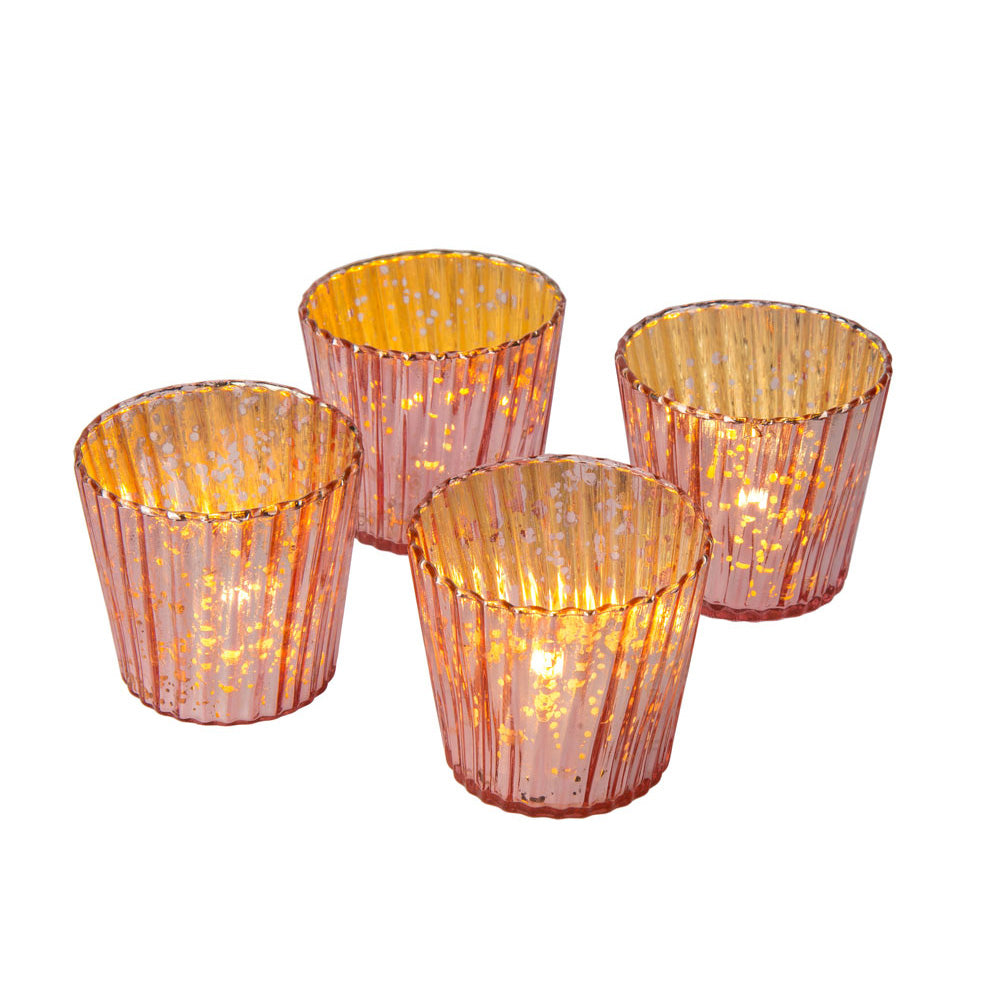 4 Pack | Vintage Mercury Glass Candle Holders (3-Inch, Caroline Vertical Design, Rose Gold Pink) - For use with Tea Lights - Home Decor, Parties and Wedding Decorations - PaperLanternStore.com - Paper Lanterns, Decor, Party Lights & More