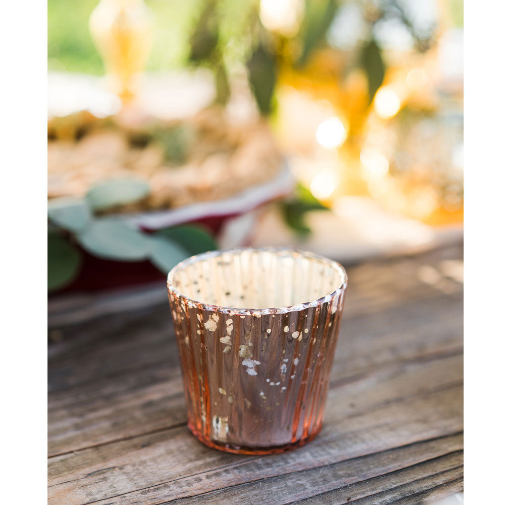 Vintage Mercury Glass Candle Holder (3-Inch, Caroline Design, Vertical Motif, Rose Gold Pink) - For use with Tea Lights - Home Decor, Parties and Wedding Decorations - PaperLanternStore.com - Paper Lanterns, Decor, Party Lights & More