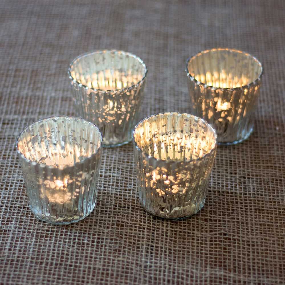 4 Pack | Vintage Mercury Glass Candle Holders (3-Inch, Caroline Design, Vertical Motif, Silver) - For use with Tea Lights - Home Decor, Parties and Wedding Decorations - PaperLanternStore.com - Paper Lanterns, Decor, Party Lights &amp; More