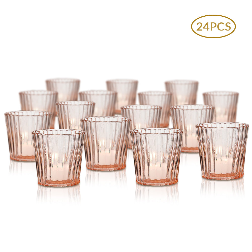 24 Pack | Vintage Glass Candle Holders (3-Inch, Caroline Design, Vertical Motif, Vintage Pink) - For use with Tea Lights - Home Decor, Parties and Wedding Decorations - PaperLanternStore.com - Paper Lanterns, Decor, Party Lights &amp; More