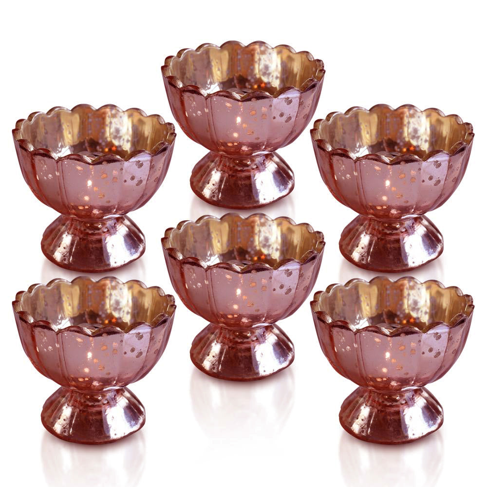 6 Pack | Vintage Mercury Glass Chalice Candle Holders (3-Inch, Suzanne Design, Sundae Cup Motif, Electric Pink) - For Use with Tea Lights - For Home Decor, Parties and Wedding Decorations