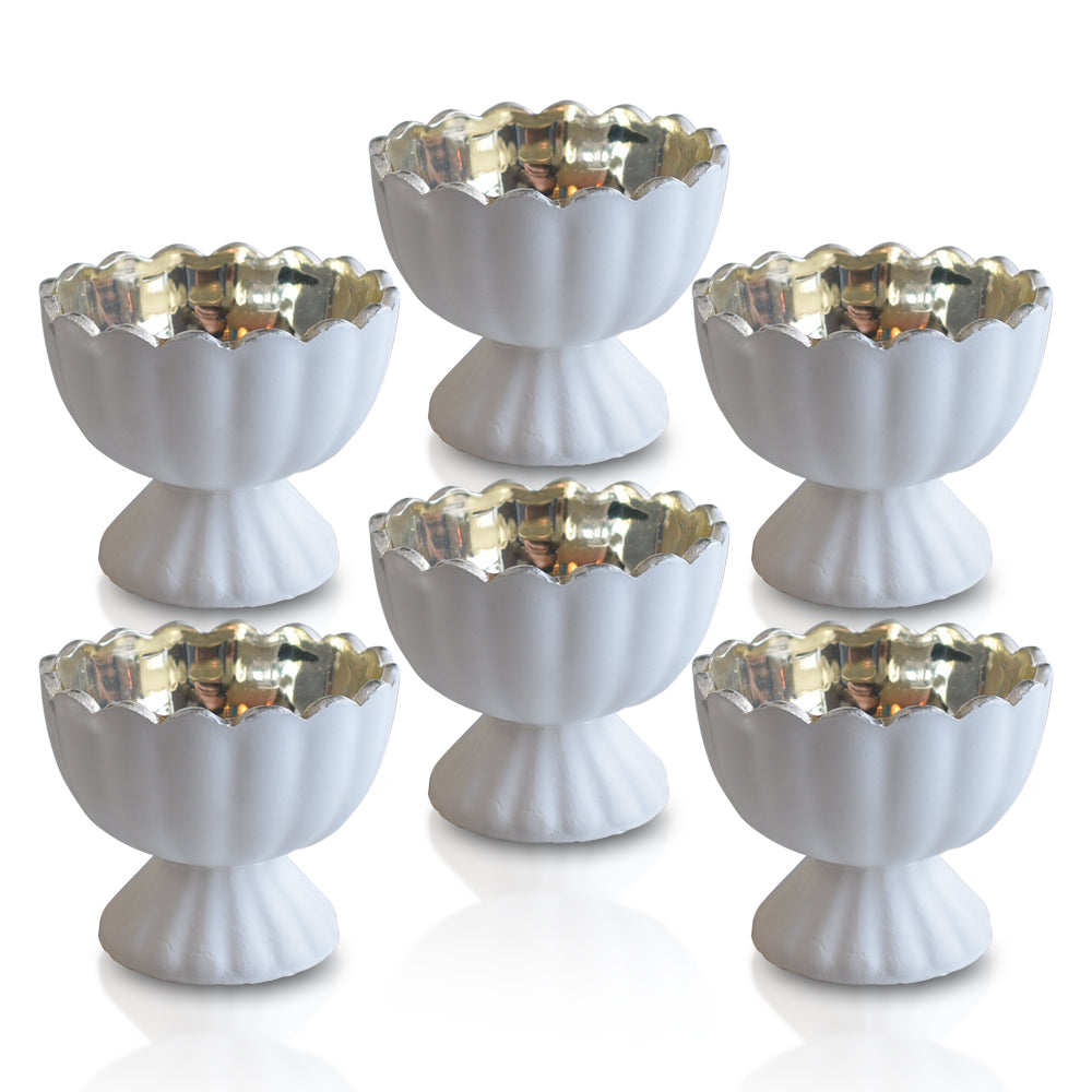 6 Pack | Vintage Mercury Glass Chalice Candle Holders (3-Inch, Suzanne Design, Sundae Cup Motif, Antique White) - For Use with Tea Lights - For Home Decor, Parties and Wedding Decorations - PaperLanternStore.com - Paper Lanterns, Decor, Party Lights & More