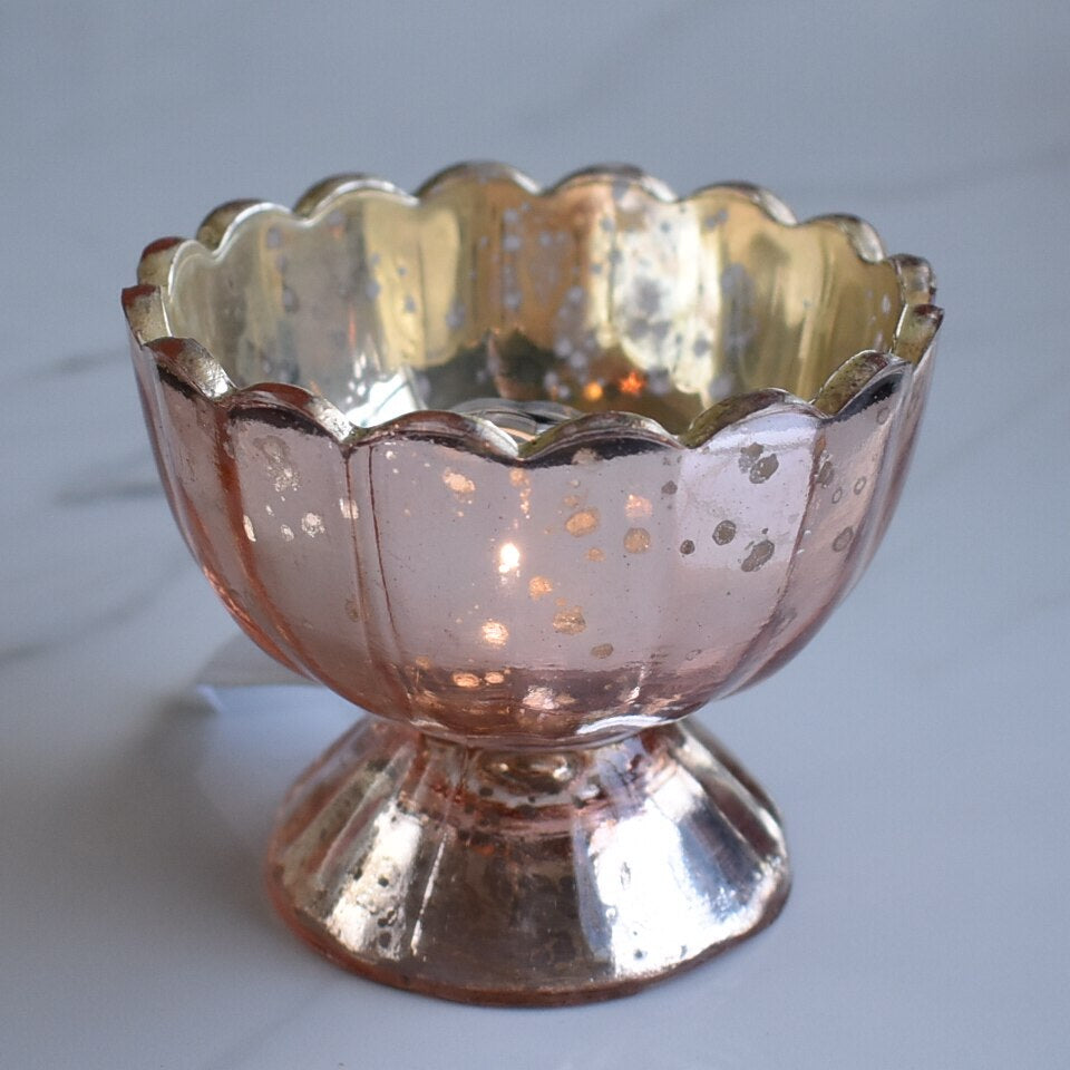 Vintage Mercury Glass Candle Holder (3-Inch, Suzanne Design, Sundae Cup Motif, Rose Gold Pink) - For Use with Tea Lights - Home Decor and Wedding Decorations - PaperLanternStore.com - Paper Lanterns, Decor, Party Lights &amp; More