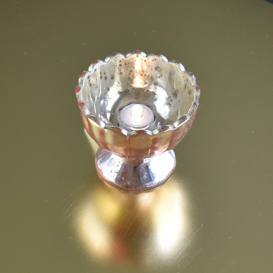 Vintage Mercury Glass Candle Holder (3-Inch, Suzanne Design, Sundae Cup Motif, Rose Gold Pink) - For Use with Tea Lights - Home Decor and Wedding Decorations - PaperLanternStore.com - Paper Lanterns, Decor, Party Lights &amp; More