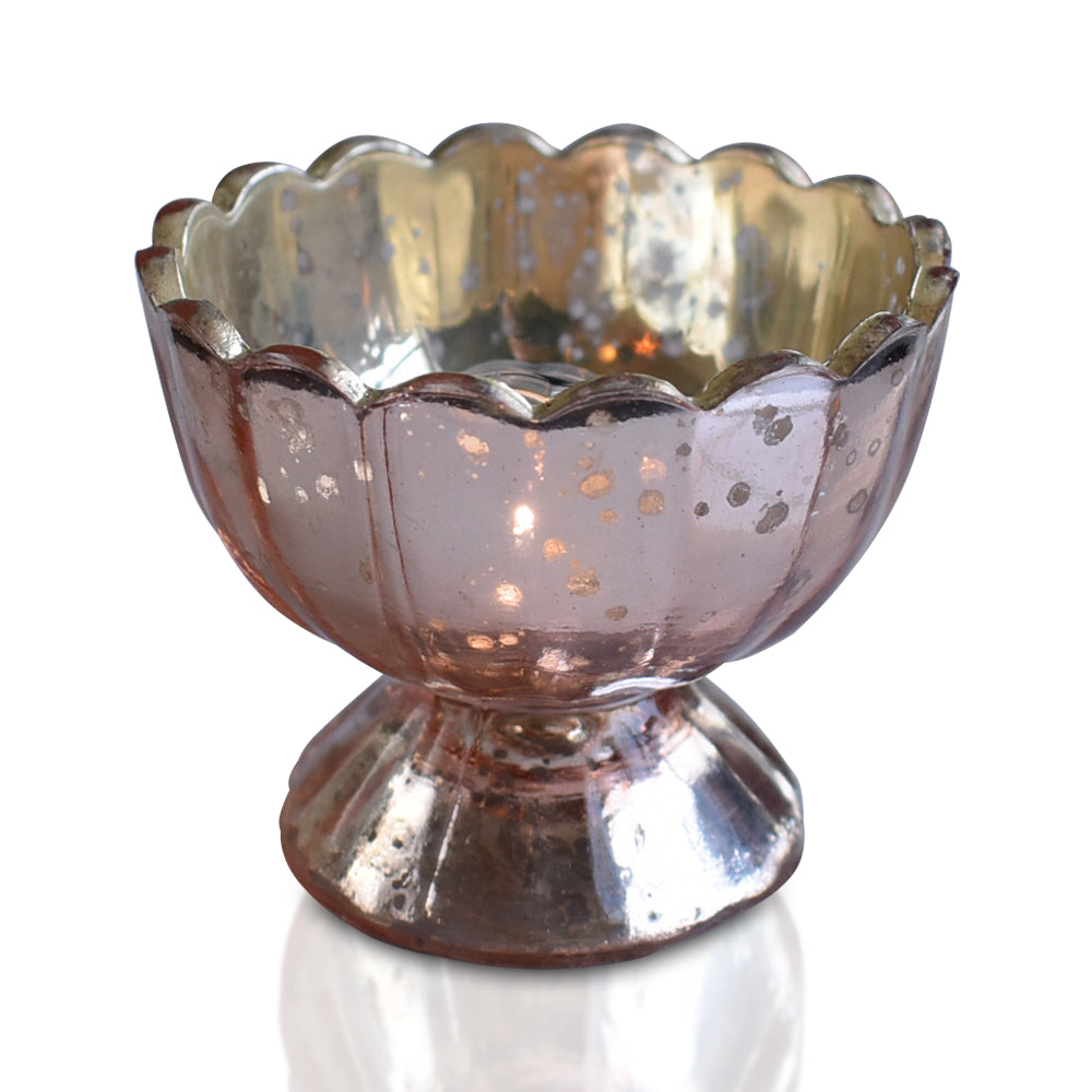 Vintage Mercury Glass Candle Holder (3-Inch, Suzanne Design, Sundae Cup Motif, Rose Gold Pink) - For Use with Tea Lights - Home Decor and Wedding Decorations - PaperLanternStore.com - Paper Lanterns, Decor, Party Lights &amp; More