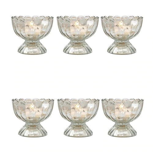 6 Pack | Vintage Mercury Glass Chalice Candle Holders (3-Inch, Suzanne Design, Sundae Cup Motif, Silver) - For Use with Tea Lights - PaperLanternStore.com - Paper Lanterns, Decor, Party Lights &amp; More