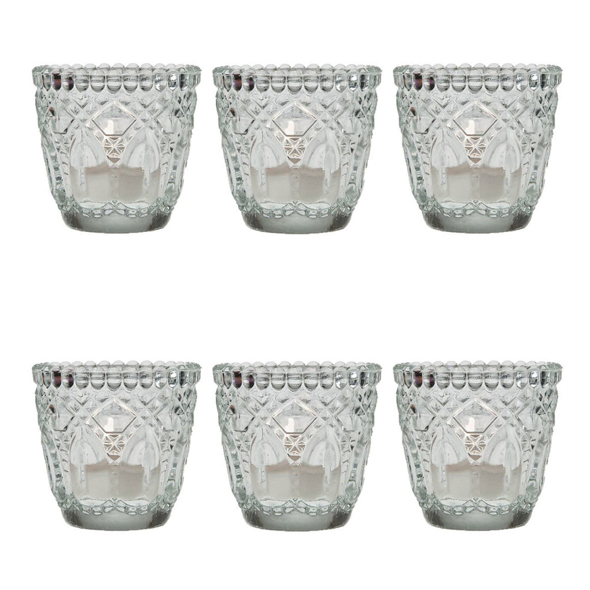 6 Pack | Faceted Vintage Glass Candle Holders (2.75-Inch, Lillian Design, Clear) - Use with Tea Lights - For Home Decor, Parties and Wedding Decorations - PaperLanternStore.com - Paper Lanterns, Decor, Party Lights &amp; More
