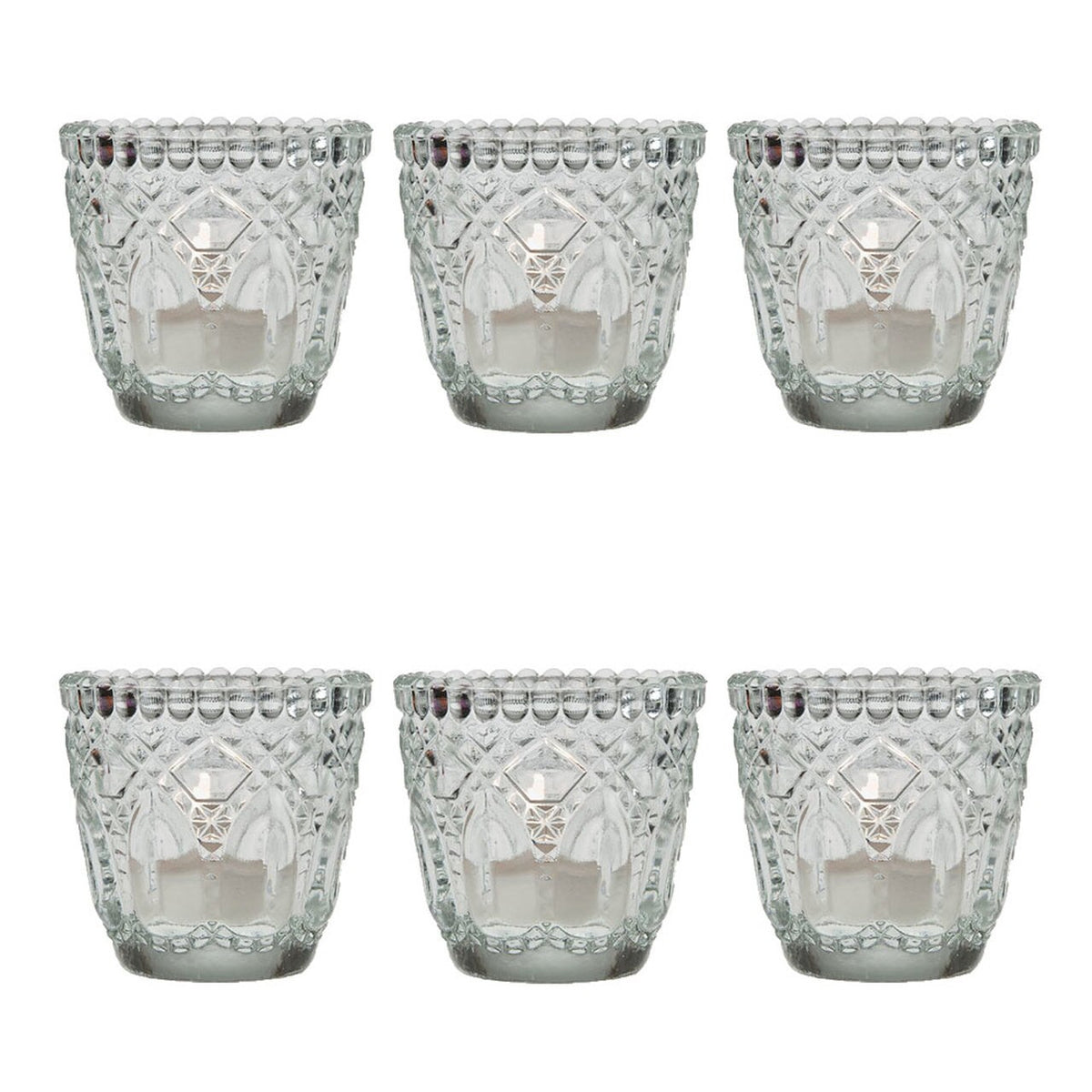 6 Pack | Faceted Vintage Glass Candle Holders (2.75-Inch, Lillian Design, Clear) - Use with Tea Lights - For Home Decor, Parties and Wedding Decorations - PaperLanternStore.com - Paper Lanterns, Decor, Party Lights &amp; More