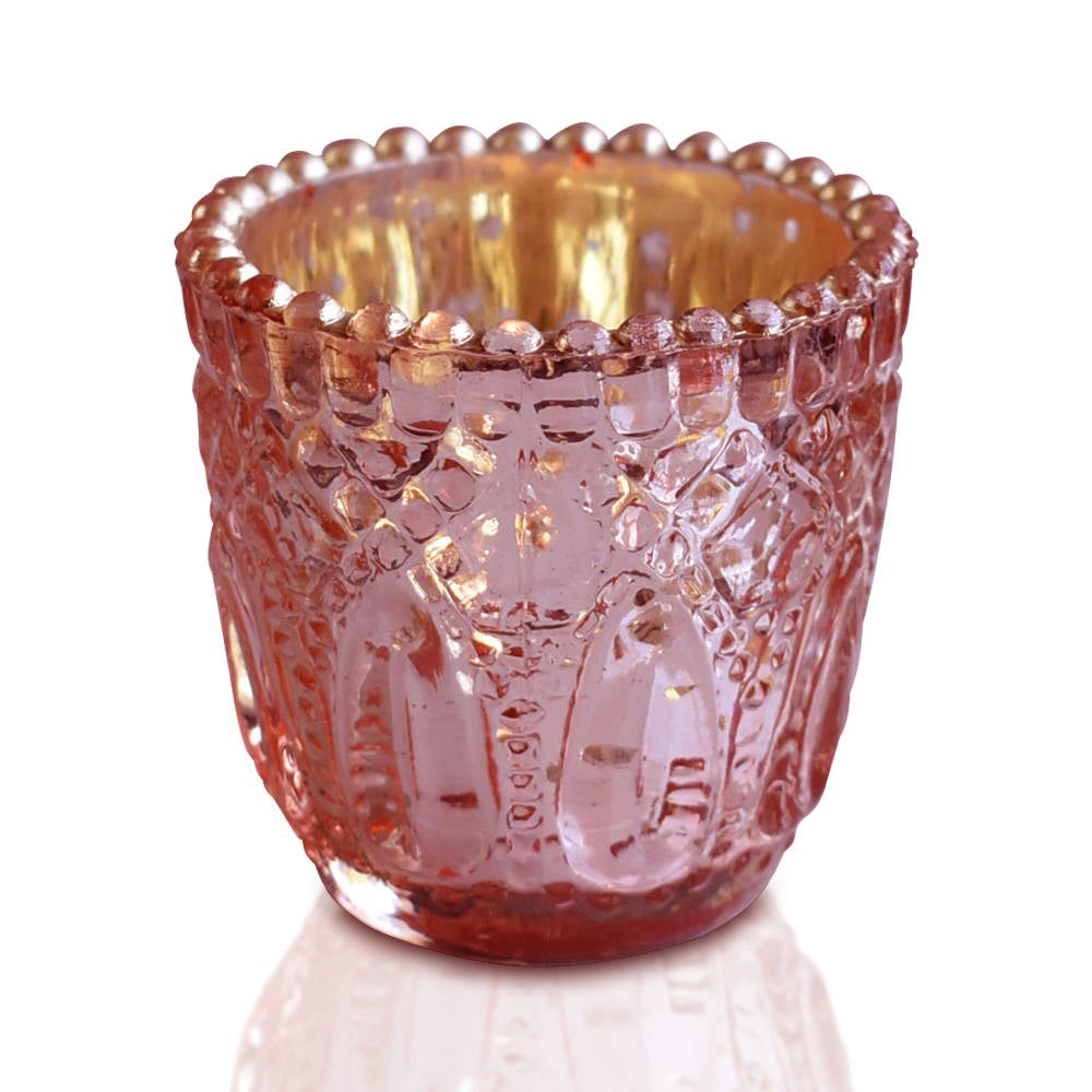 6 Pack | Faceted Vintage Mercury Glass Candle Holders (2.75-Inch, Lillian Design, Electric Pink) - Use with Tea Lights - For Home Decor, Parties and Wedding Decorations
