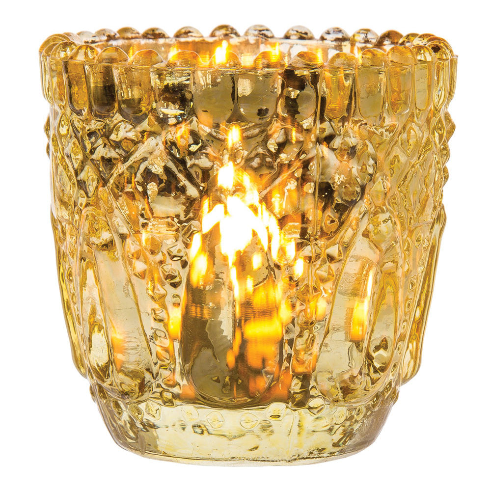 6 Pack | Faceted Vintage Mercury Glass Candle Holders (2.75-Inch, Lillian Design, Gold) - Use with Tea Lights - For Home Decor, Parties and Wedding Decorations - PaperLanternStore.com - Paper Lanterns, Decor, Party Lights &amp; More
