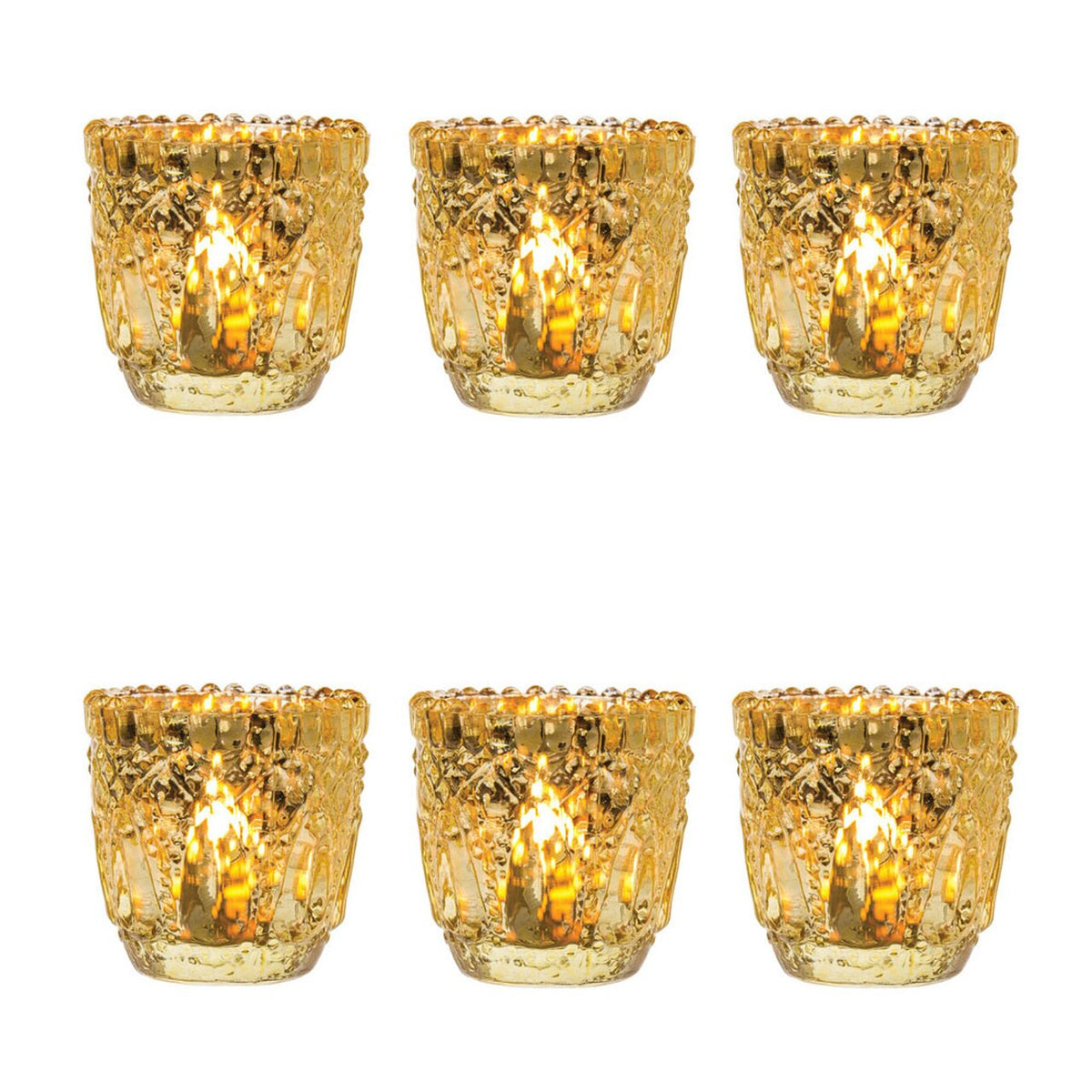 6 Pack | Faceted Vintage Mercury Glass Candle Holders (2.75-Inch, Lillian Design, Gold) - Use with Tea Lights - For Home Decor, Parties and Wedding Decorations - PaperLanternStore.com - Paper Lanterns, Decor, Party Lights &amp; More