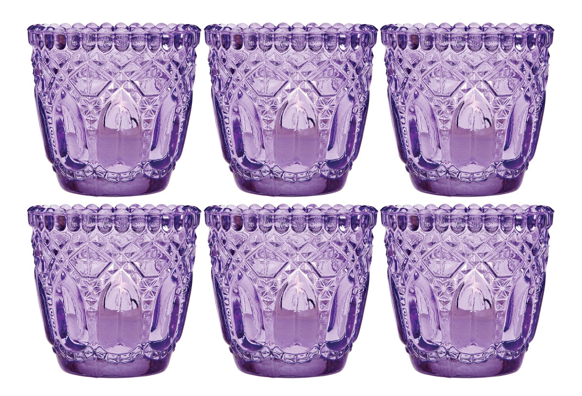 6 Pack | Faceted Vintage Glass Candle Holders (2.75-Inch, Lillian Design, Light Purple) - Use with Tea Lights - For Home Decor, Parties and Wedding Decorations - PaperLanternStore.com - Paper Lanterns, Decor, Party Lights &amp; More