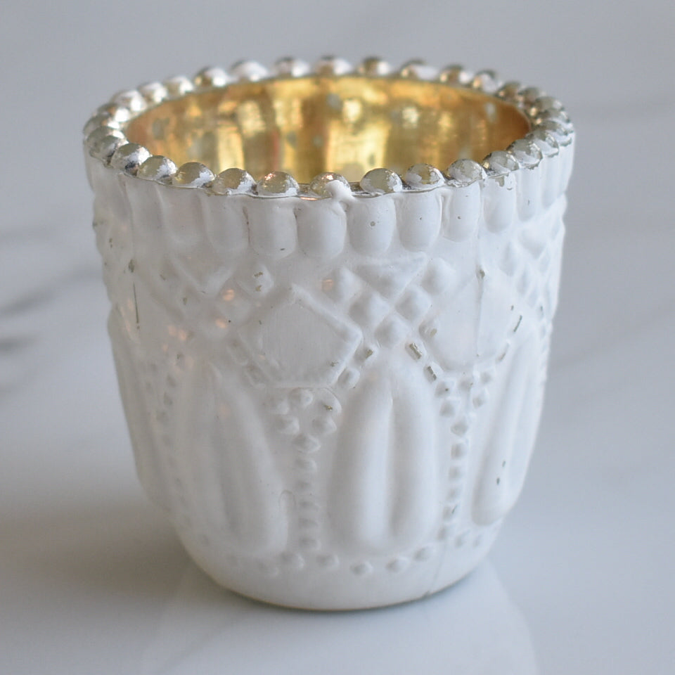 6 Pack | Faceted Vintage Mercury Glass Candle Holders (2.75-Inch, Lillian Design, Antique White) - Use with Tea Lights - For Home Decor, Parties and Wedding Decorations - PaperLanternStore.com - Paper Lanterns, Decor, Party Lights &amp; More