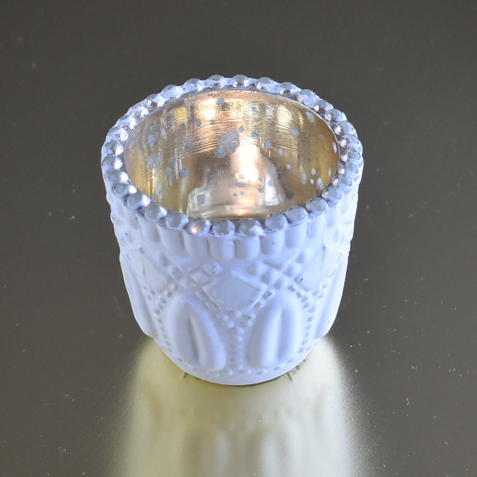 6 Pack | Faceted Vintage Mercury Glass Candle Holders (2.75-Inch, Lillian Design, Antique White) - Use with Tea Lights - For Home Decor, Parties and Wedding Decorations - PaperLanternStore.com - Paper Lanterns, Decor, Party Lights &amp; More