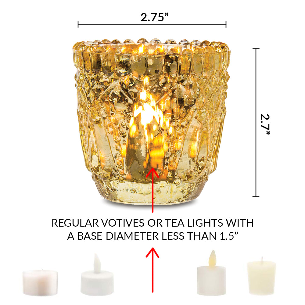 6 Pack | Faceted Vintage Mercury Glass Candle Holders (2.75-Inch, Lillian Design, Antique White) - Use with Tea Lights - For Home Decor, Parties and Wedding Decorations - PaperLanternStore.com - Paper Lanterns, Decor, Party Lights &amp; More
