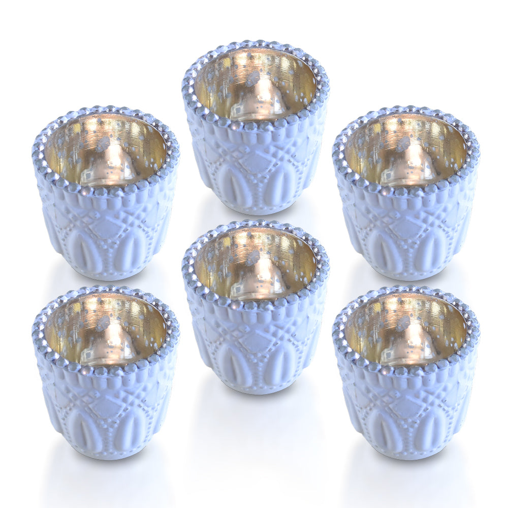 6 Pack | Faceted Vintage Mercury Glass Candle Holders (2.75-Inch, Lillian Design, Antique White) - Use with Tea Lights - For Home Decor, Parties and Wedding Decorations - PaperLanternStore.com - Paper Lanterns, Decor, Party Lights &amp; More